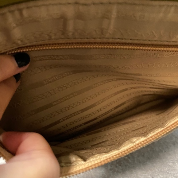 Rochas Paris Two Handle Purse Fabric & Leather 10" Tan / Green Phone Pouch - Picture 9 of 14